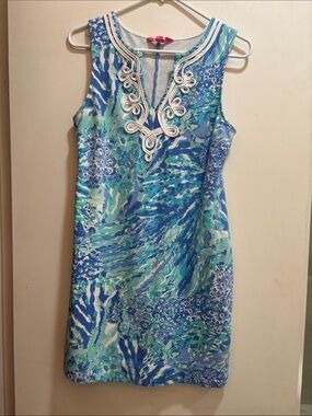 Lilly Pulitzer Blue Green Printed Midi Dress with White Trim